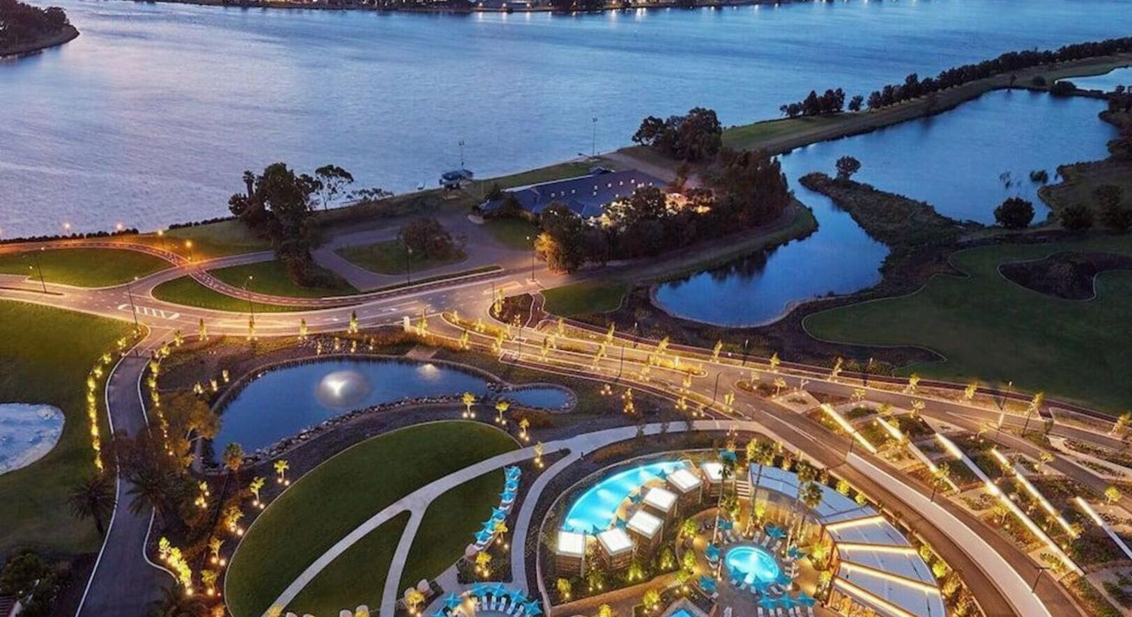 Aerial view of Crown Towers Perth and the Swan River
