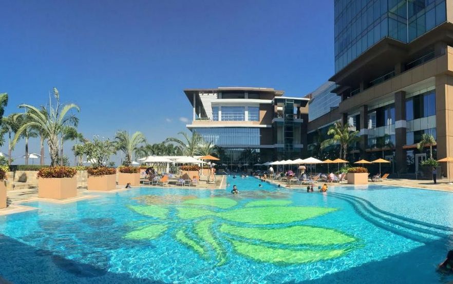 Solaire Resort pool deck overlooking Manila Bay